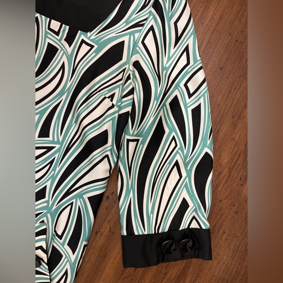 Tibi Shift Dress Size 10 Geometric Pattern Black White Teal 100% Silk Business - Picture 3 of 16